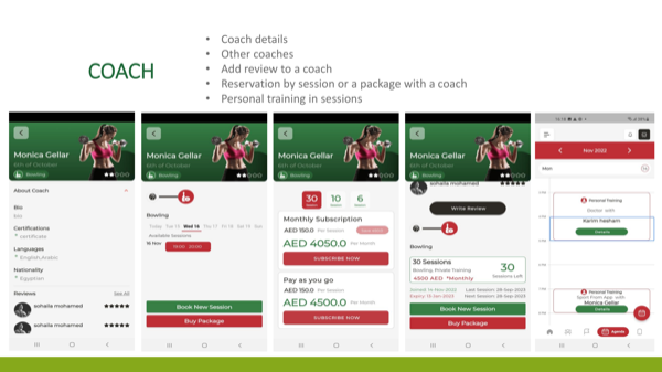 Connect4Sports app showing coach booking screens